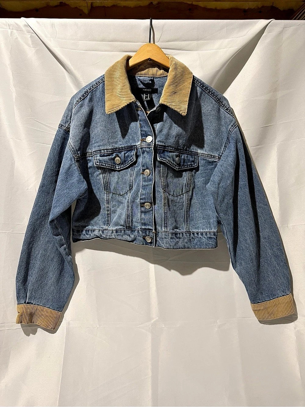 Forever 21 Cropped Denim Jacket with Corduroy Collar Blue & Brown Medium